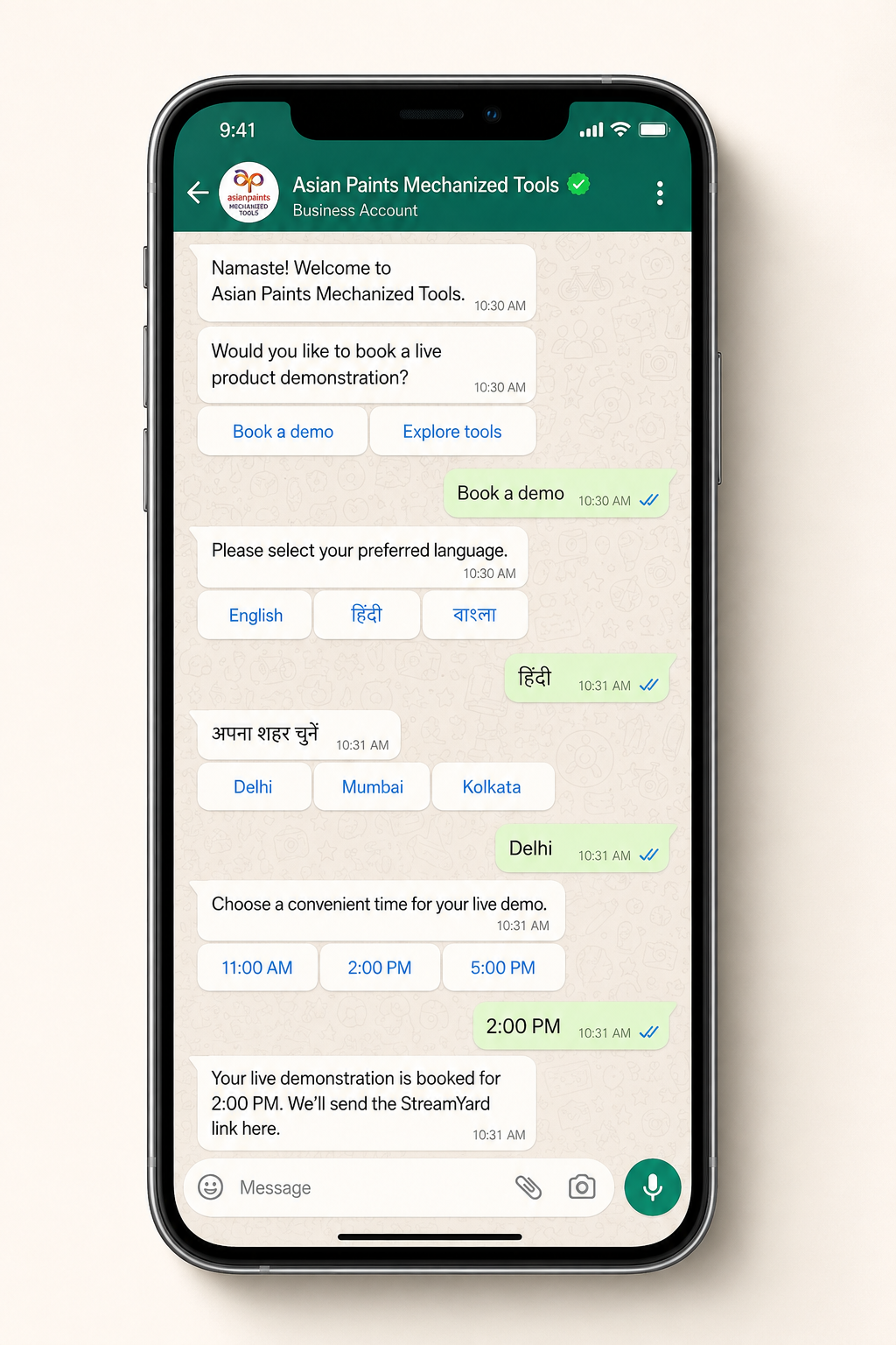 Asian Paints Mechanized Tools: From Demo to Purchase · booking journey / regional-language whatsapp demo booking