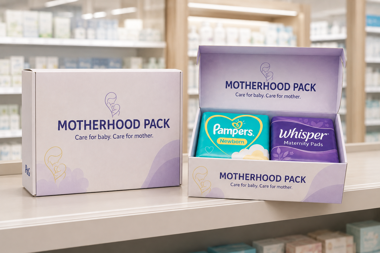 The Motherhood Pack · retail mockup / one complete postpartum care bundle